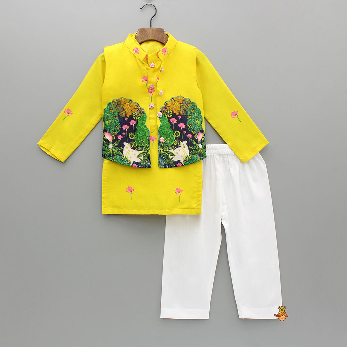 Yellow Printed Kurta With Open Jacket And Pyjama