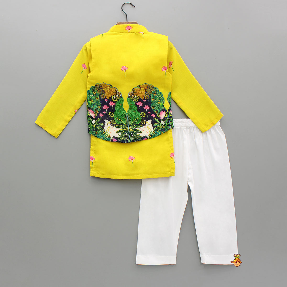 Yellow Printed Kurta With Open Jacket And Pyjama