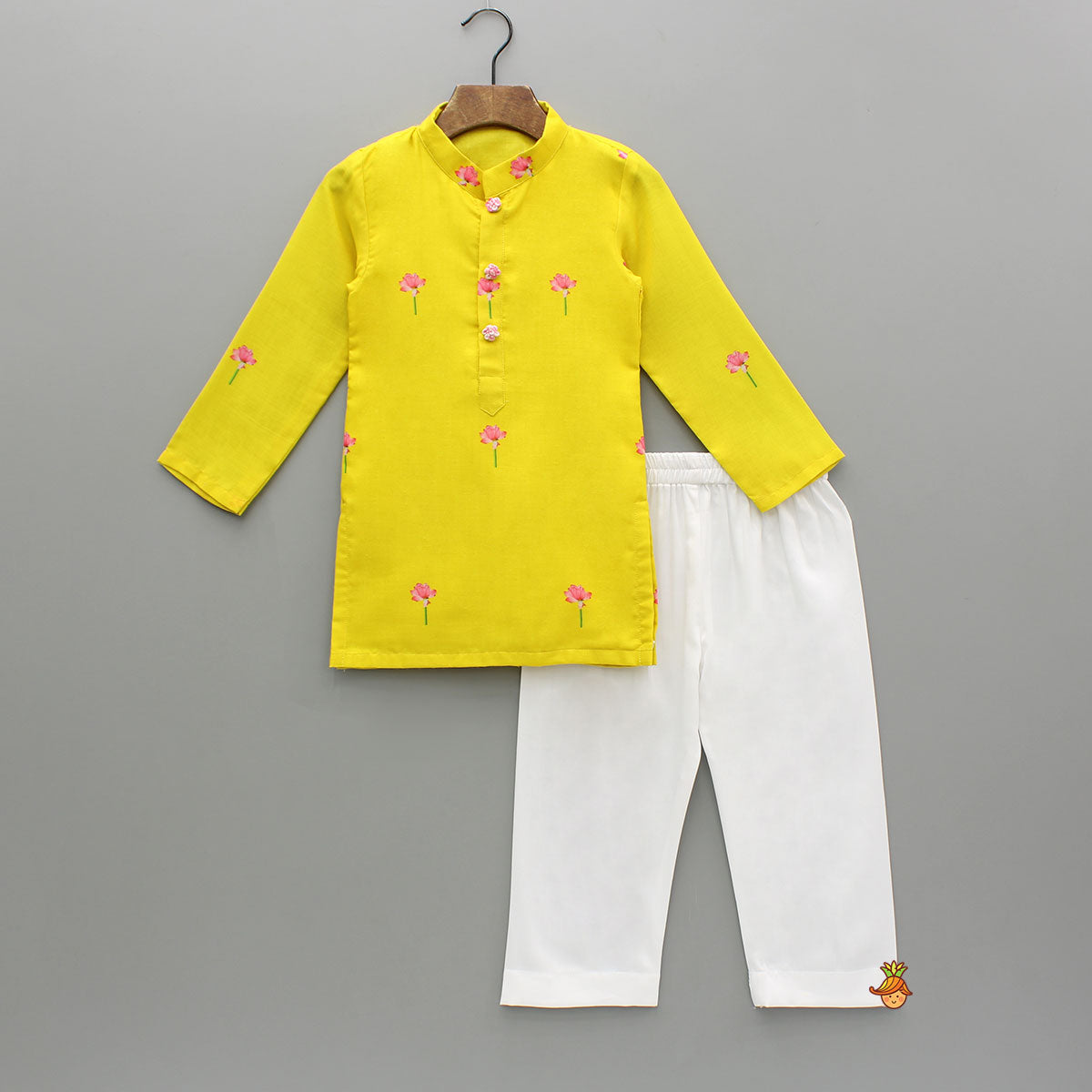 Yellow Printed Kurta With Open Jacket And Pyjama