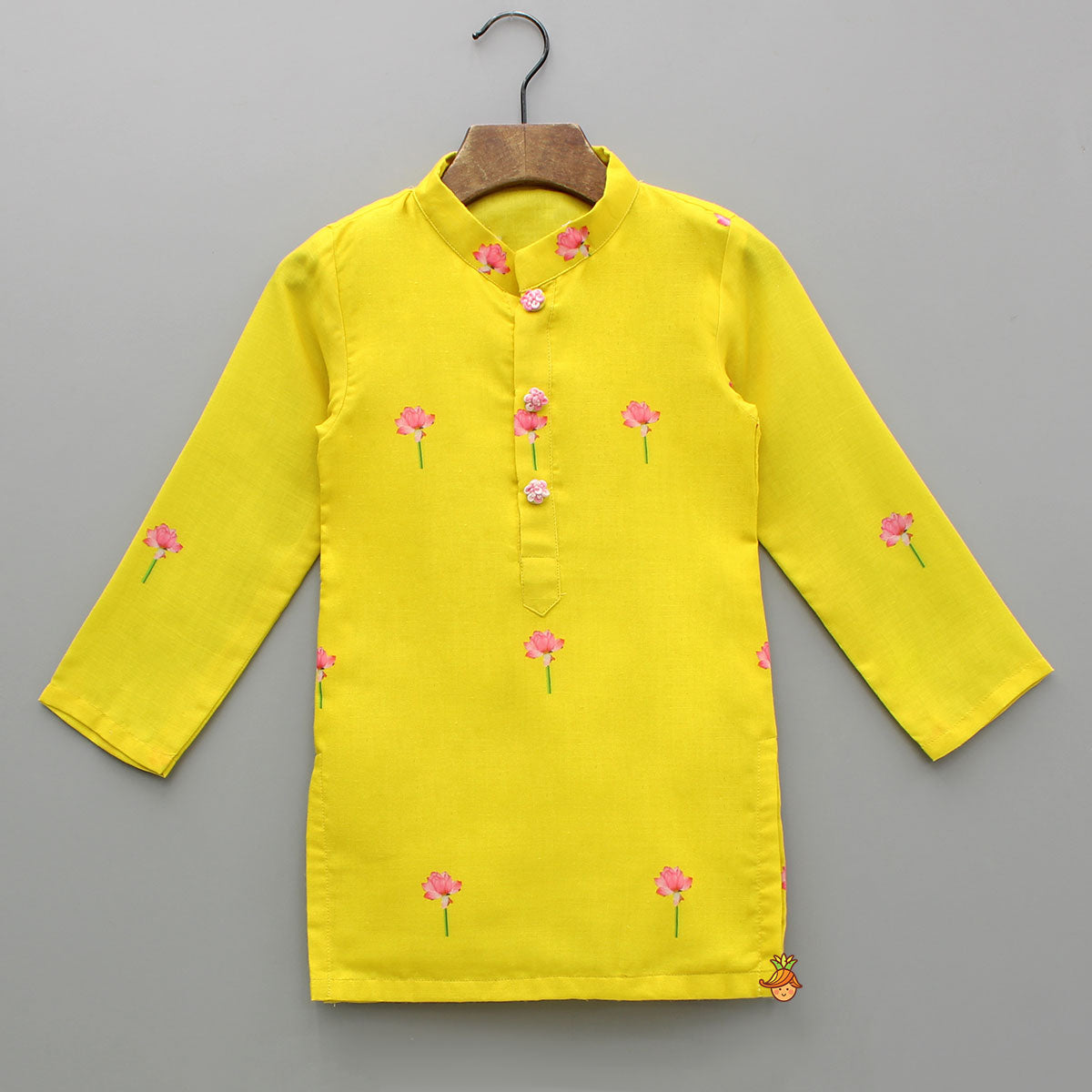 Yellow Printed Kurta With Open Jacket And Pyjama