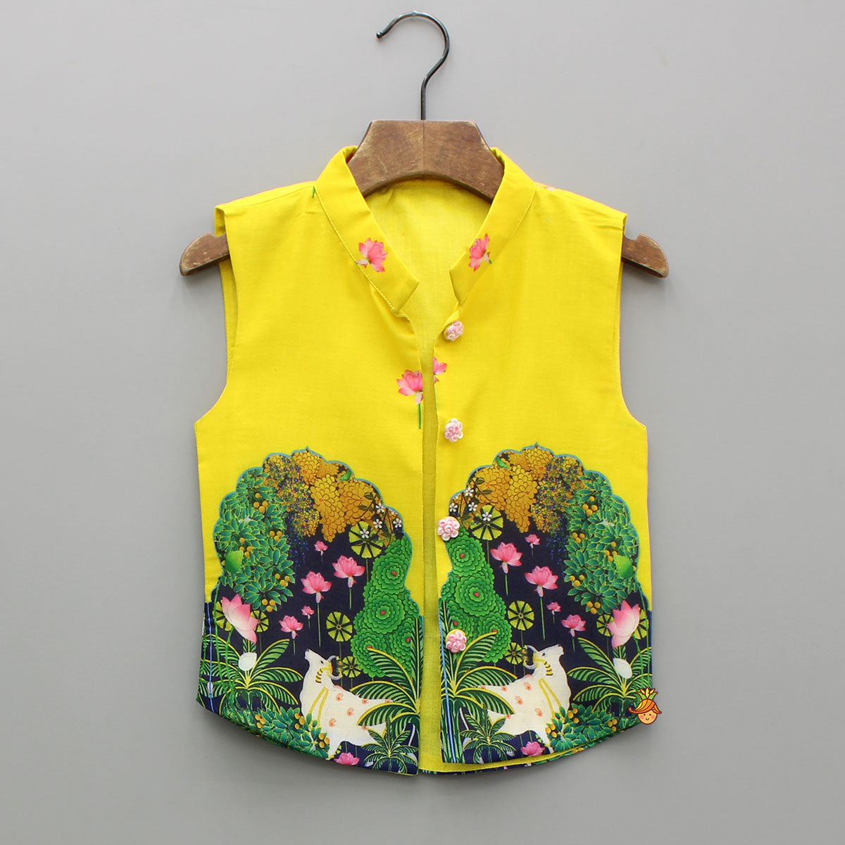 Yellow Printed Kurta With Open Jacket And Pyjama