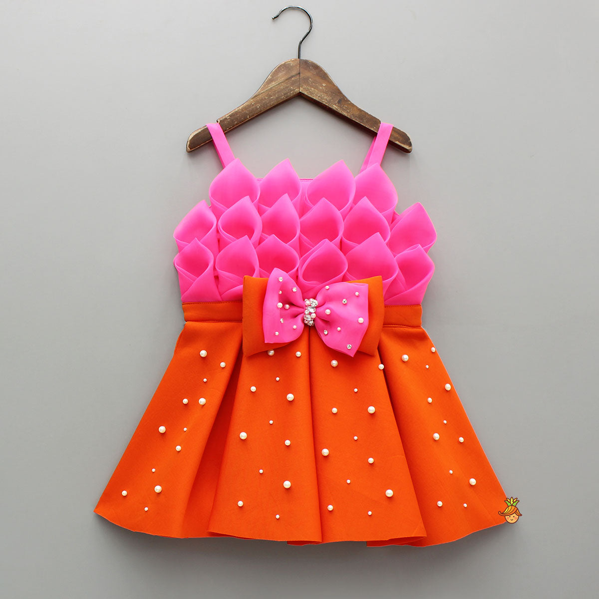 Pink Rose Petal Dual Tone Pleated Dress With Embellished Bow