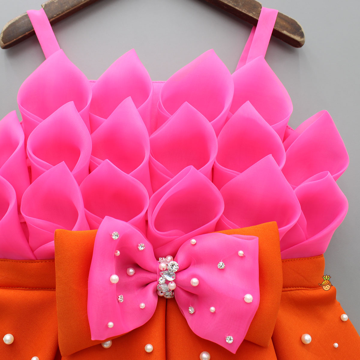 Pink Rose Petal Dual Tone Pleated Dress With Embellished Bow