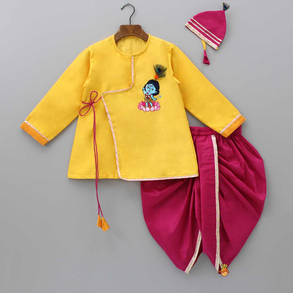 Embroidered Krishna Angarkha Style Kurta With Lace Work Dhoti And Mukut