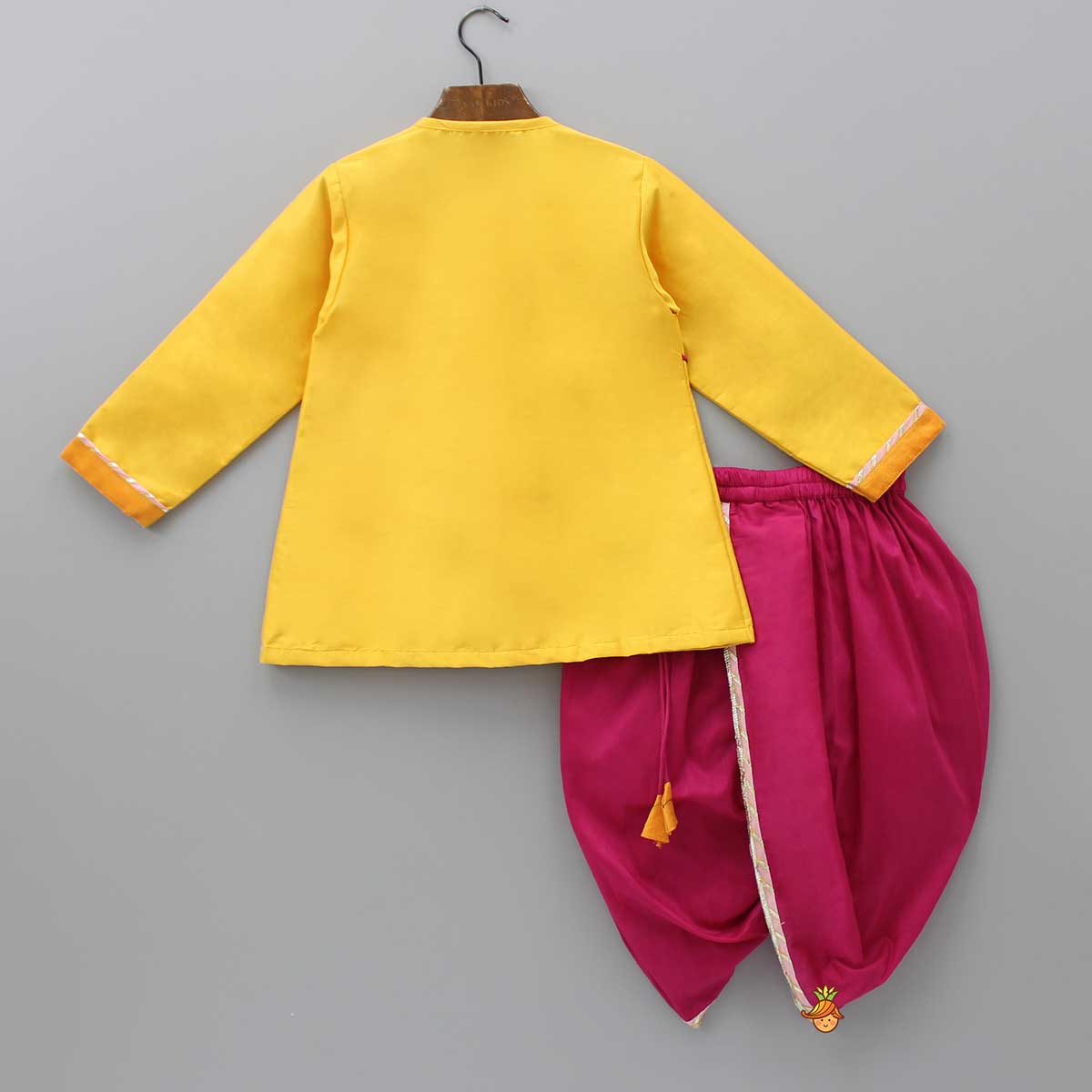 Embroidered Krishna Angarkha Style Kurta With Lace Work Dhoti And Mukut
