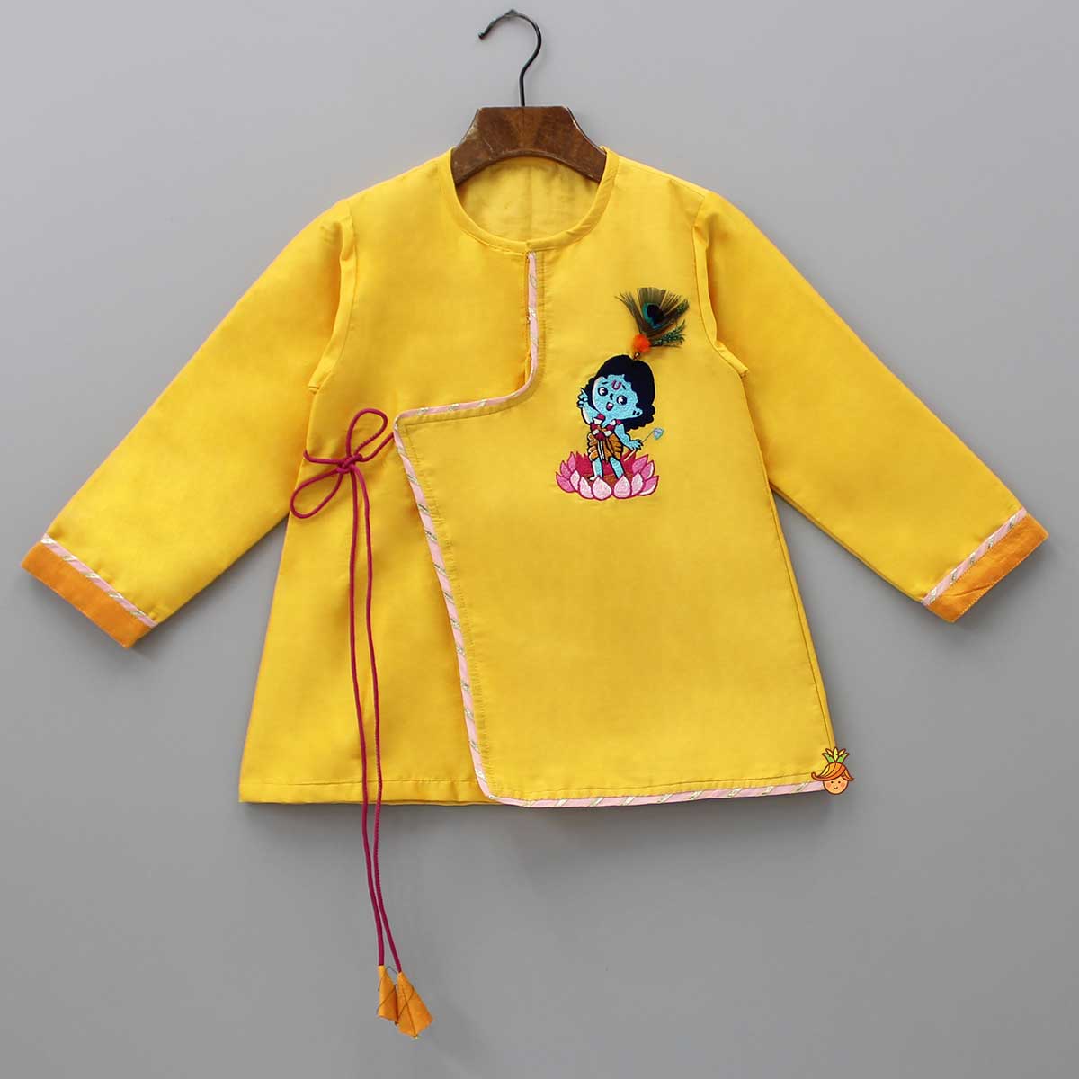 Embroidered Krishna Angarkha Style Kurta With Lace Work Dhoti And Mukut