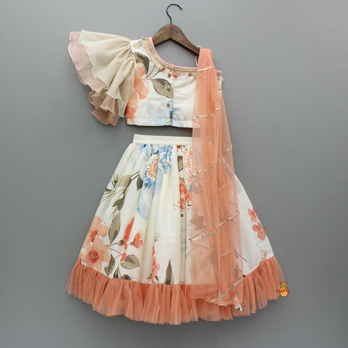 Floral Printed One Shoulder Top And Lehenga With Attached Dupatta