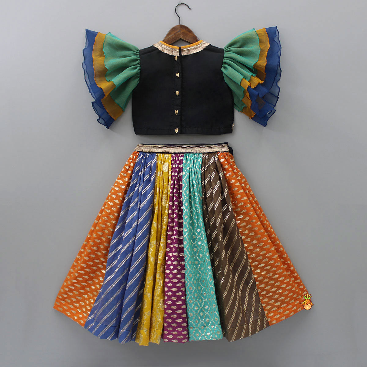 Black Top With Frilly Sleeves And Multicolored Lehenga