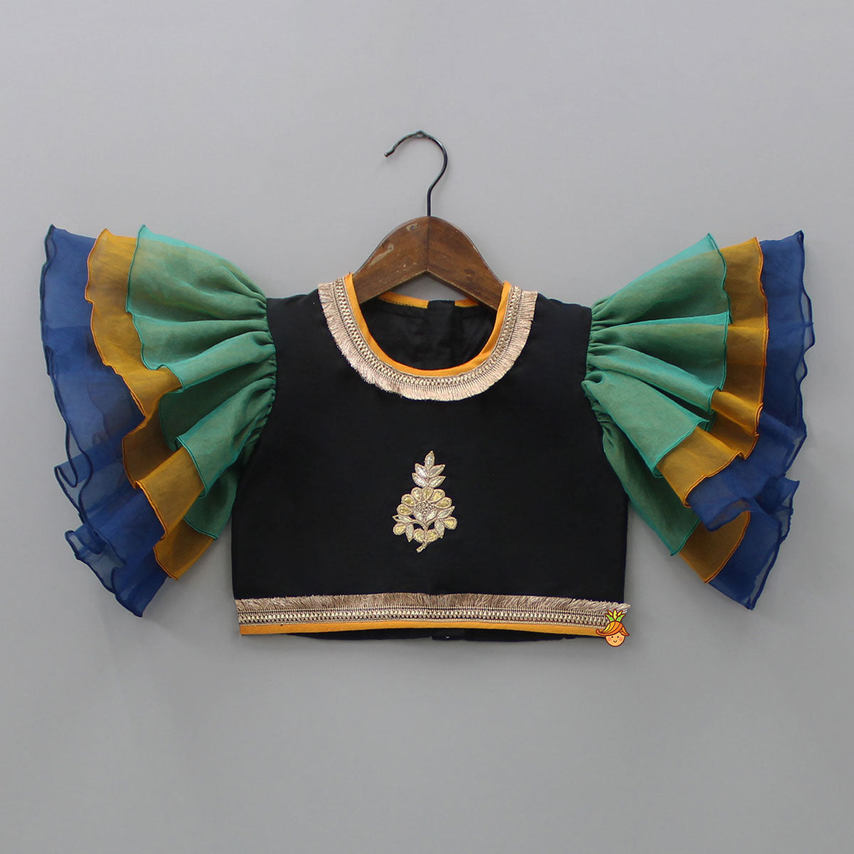 Black Top With Frilly Sleeves And Multicolored Lehenga
