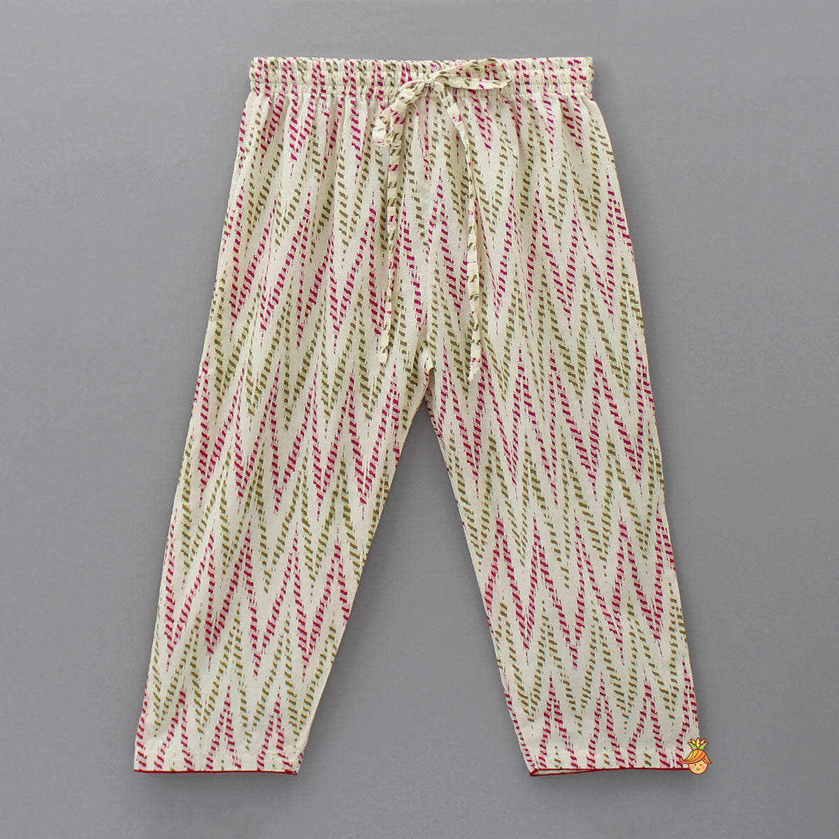 Off White Printed Top With Front Tie-Up Knot Jacket And Pant