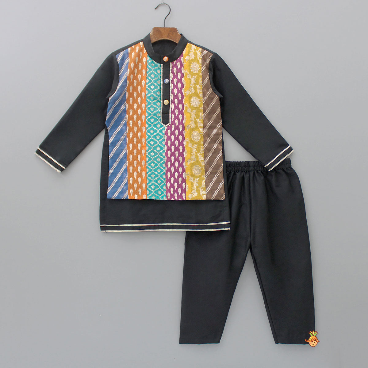 Black Kurta With Multicolour Attached Flap And Pyjama