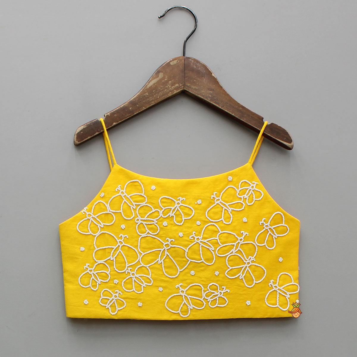 Butterfly Embroidered Strappy Yellow Top And Flared Lehenga