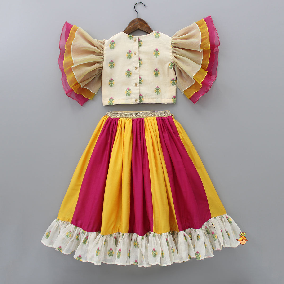 Goddess Embroidered Beige Top And Colour Blocked Lehenga