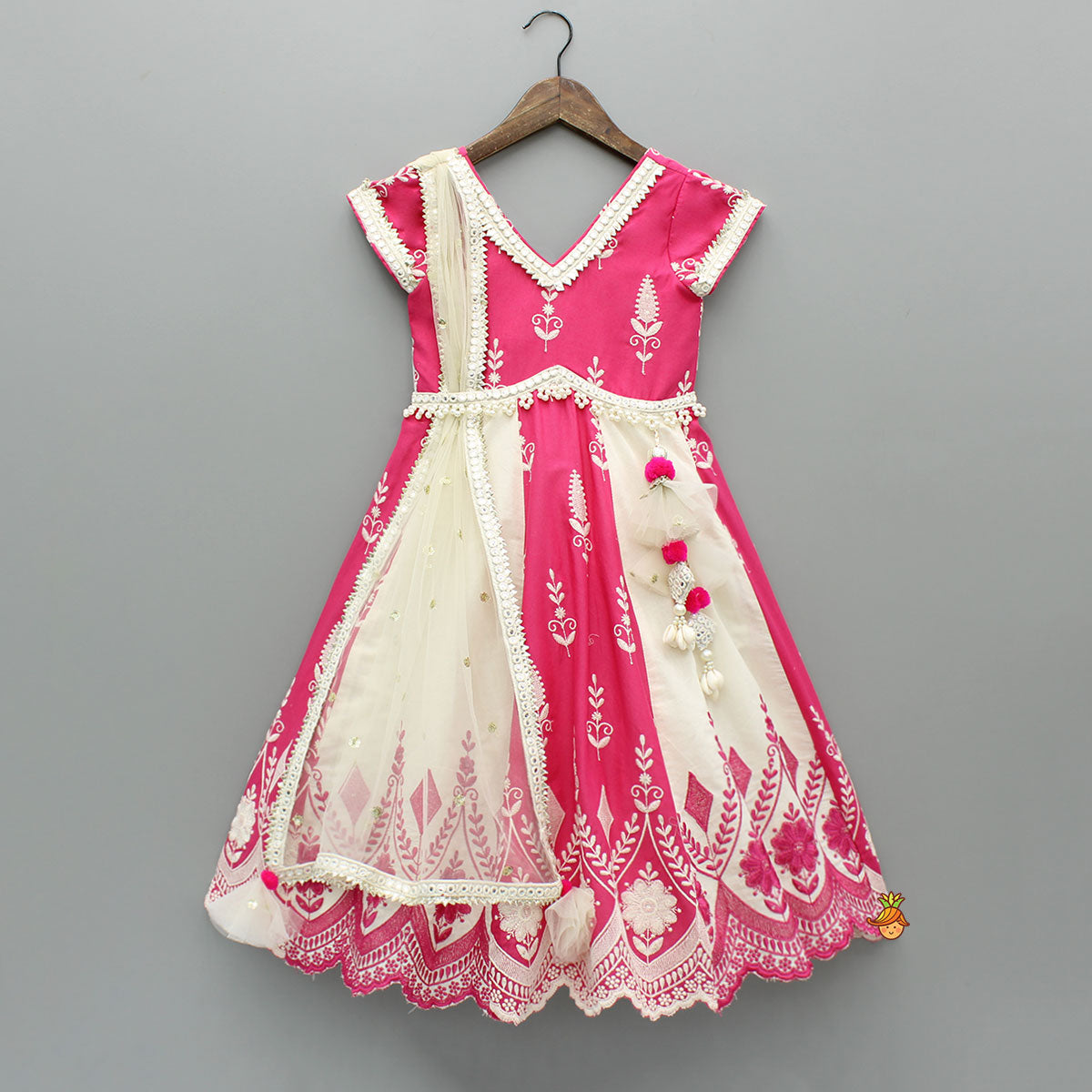 Thread-Embroidered Dual-Tone Anarkali With Attached Net Dupatta