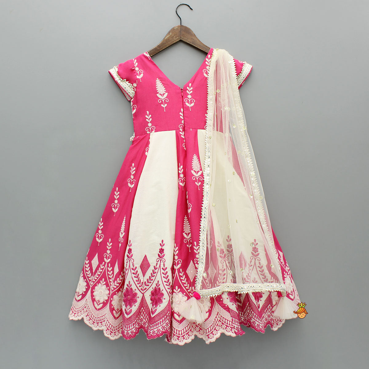Thread-Embroidered Dual-Tone Anarkali With Attached Net Dupatta