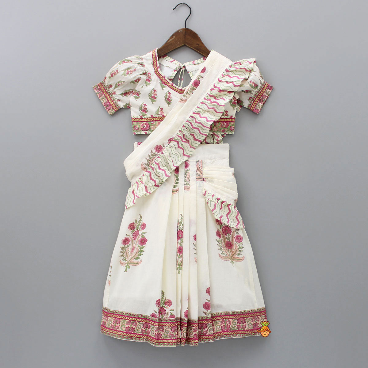 Floral Printed Crop Top And Saree Styled Lehenga With Attached Dupatta