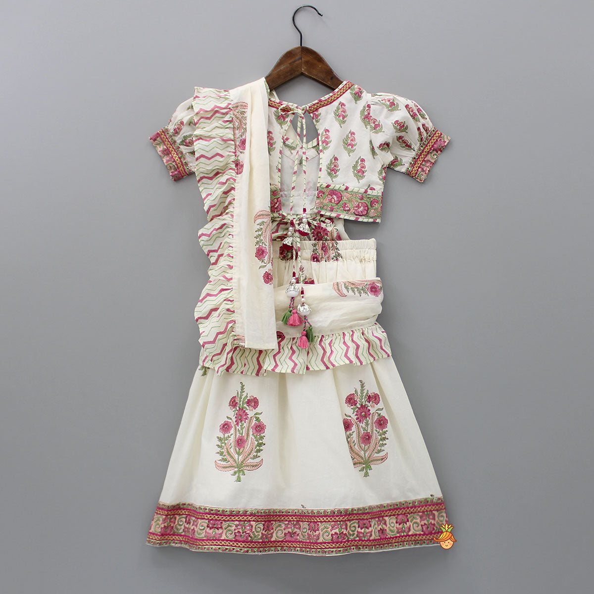 Floral Printed Crop Top And Saree Styled Lehenga With Attached Dupatta