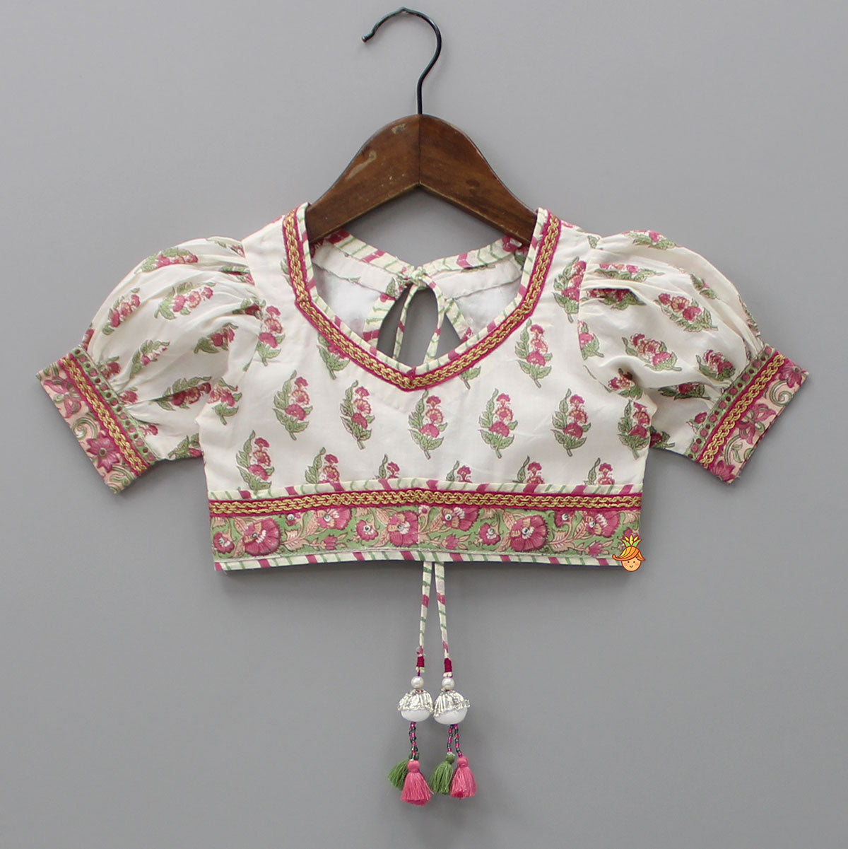 Floral Printed Crop Top And Saree Styled Lehenga With Attached Dupatta
