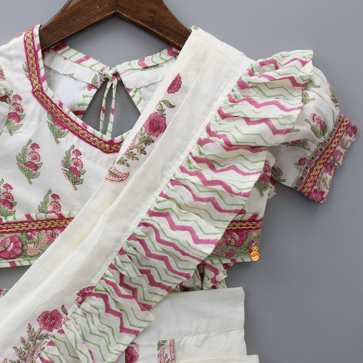 Floral Printed Crop Top And Saree Styled Lehenga With Attached Dupatta