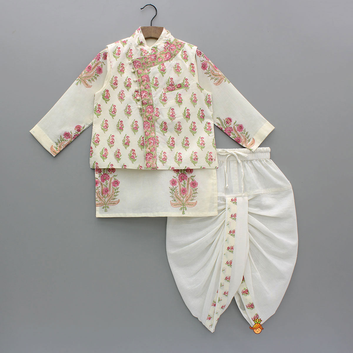 Floral Printed Kurta With Handworked Jacket And Dhoti.