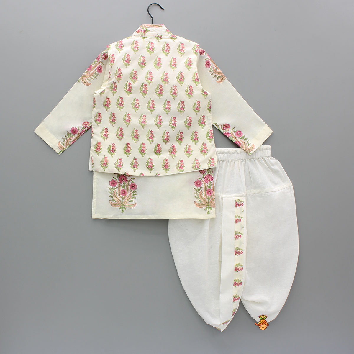Floral Printed Kurta With Handworked Jacket And Dhoti.