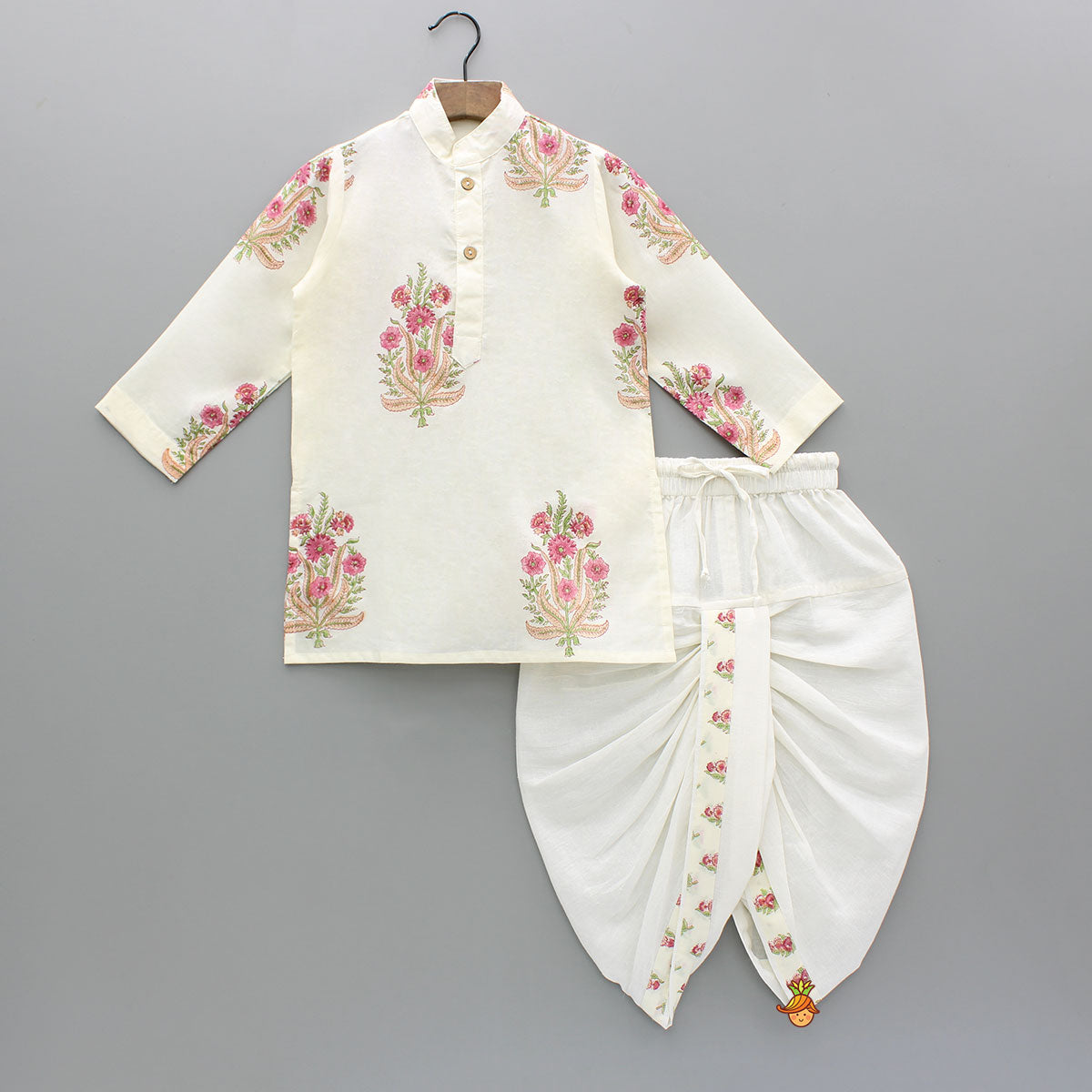 Floral Printed Kurta With Handworked Jacket And Dhoti.