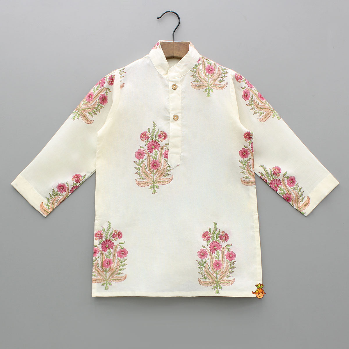 Floral Printed Kurta With Handworked Jacket And Dhoti.