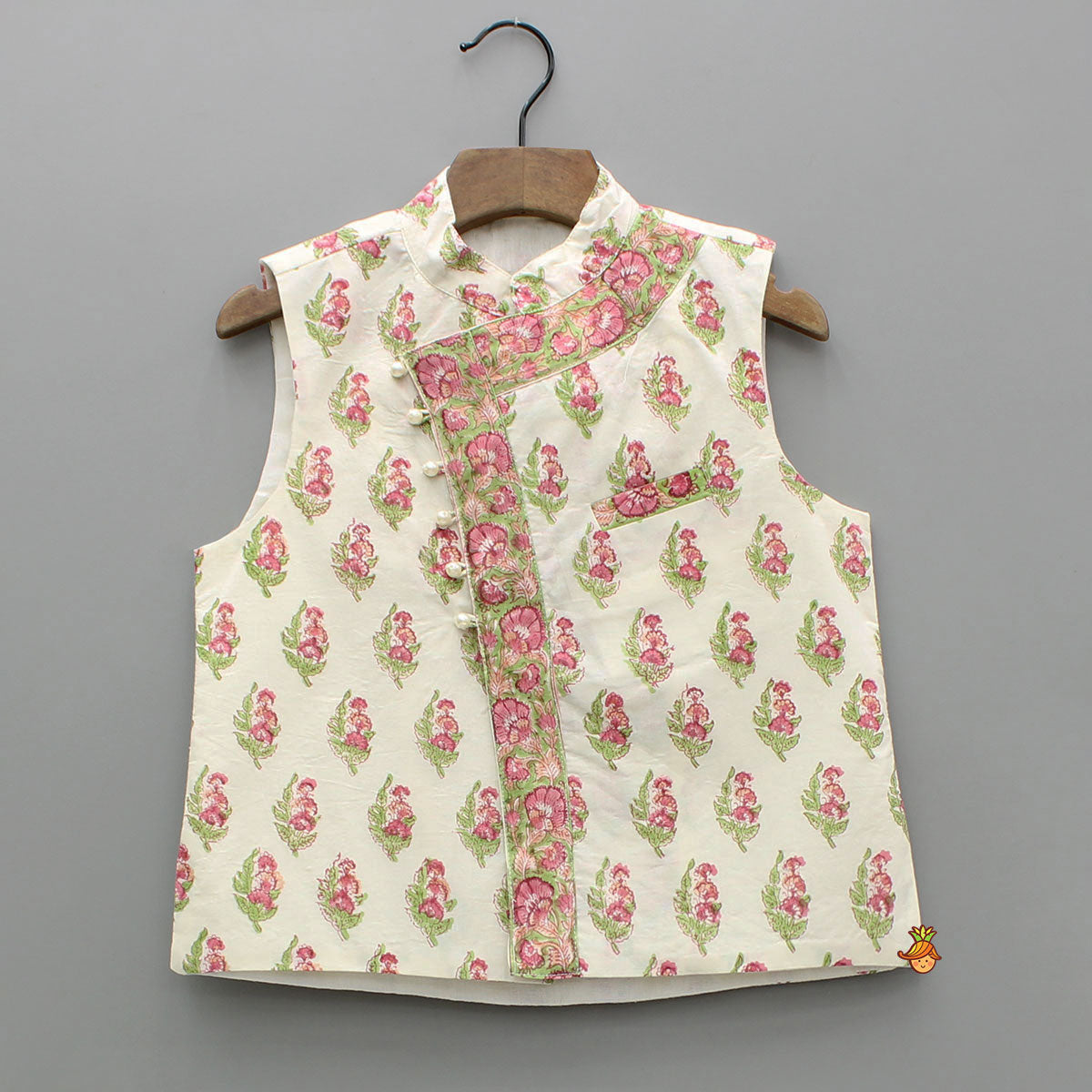 Floral Printed Kurta With Handworked Jacket And Dhoti.