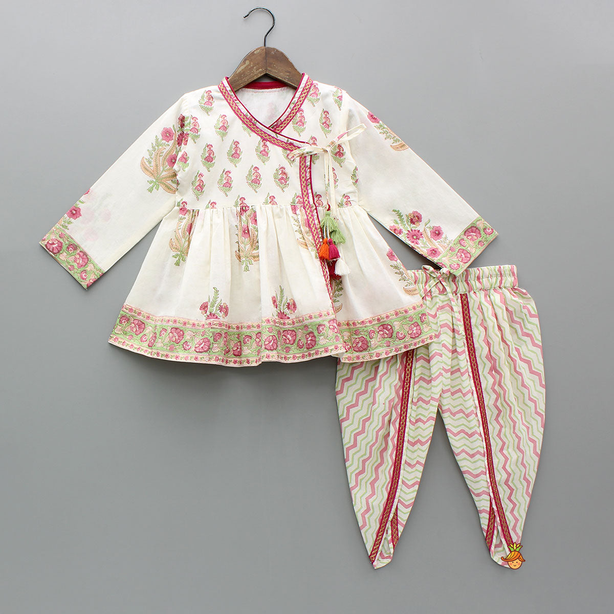 Floral Angarkha Kurti And Chevron Printed Tulip Pants