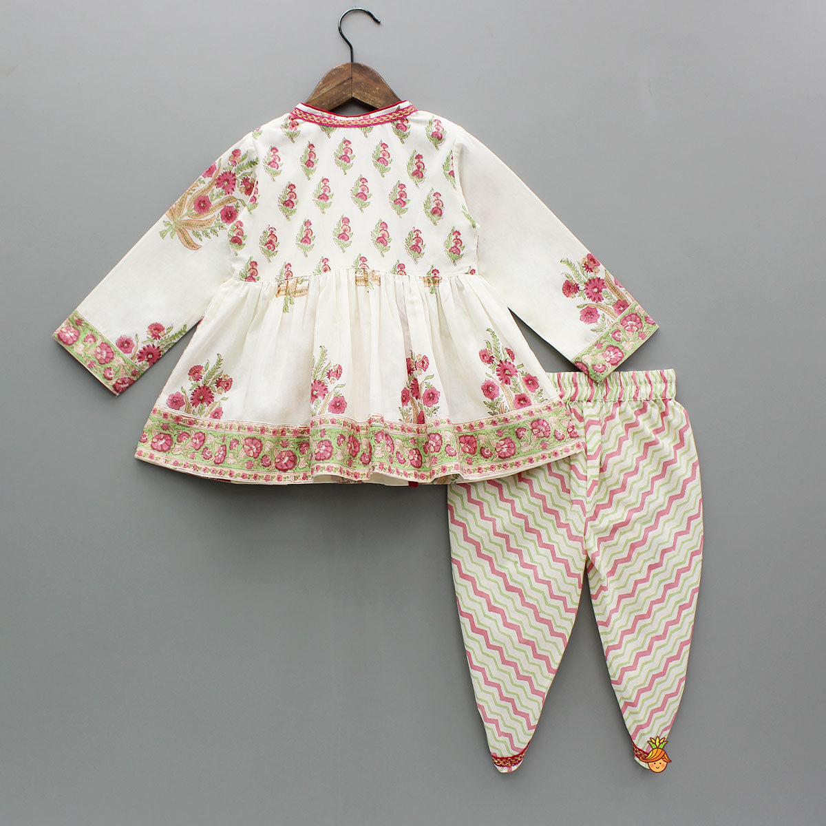 Floral Angarkha Kurti And Chevron Printed Tulip Pants