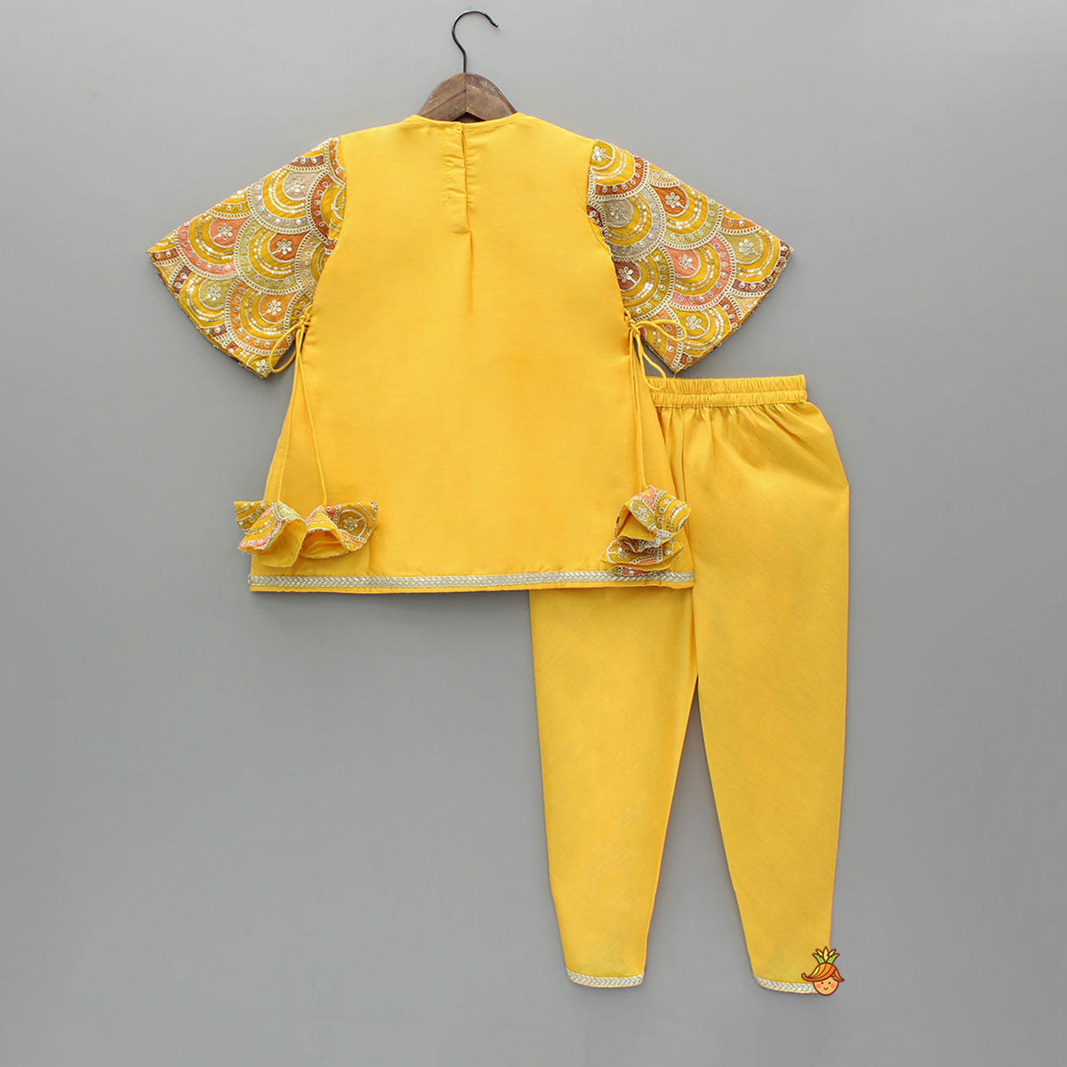 Embroidered Mustard Kurti And Tulip Dhoti With Net Dupatta
