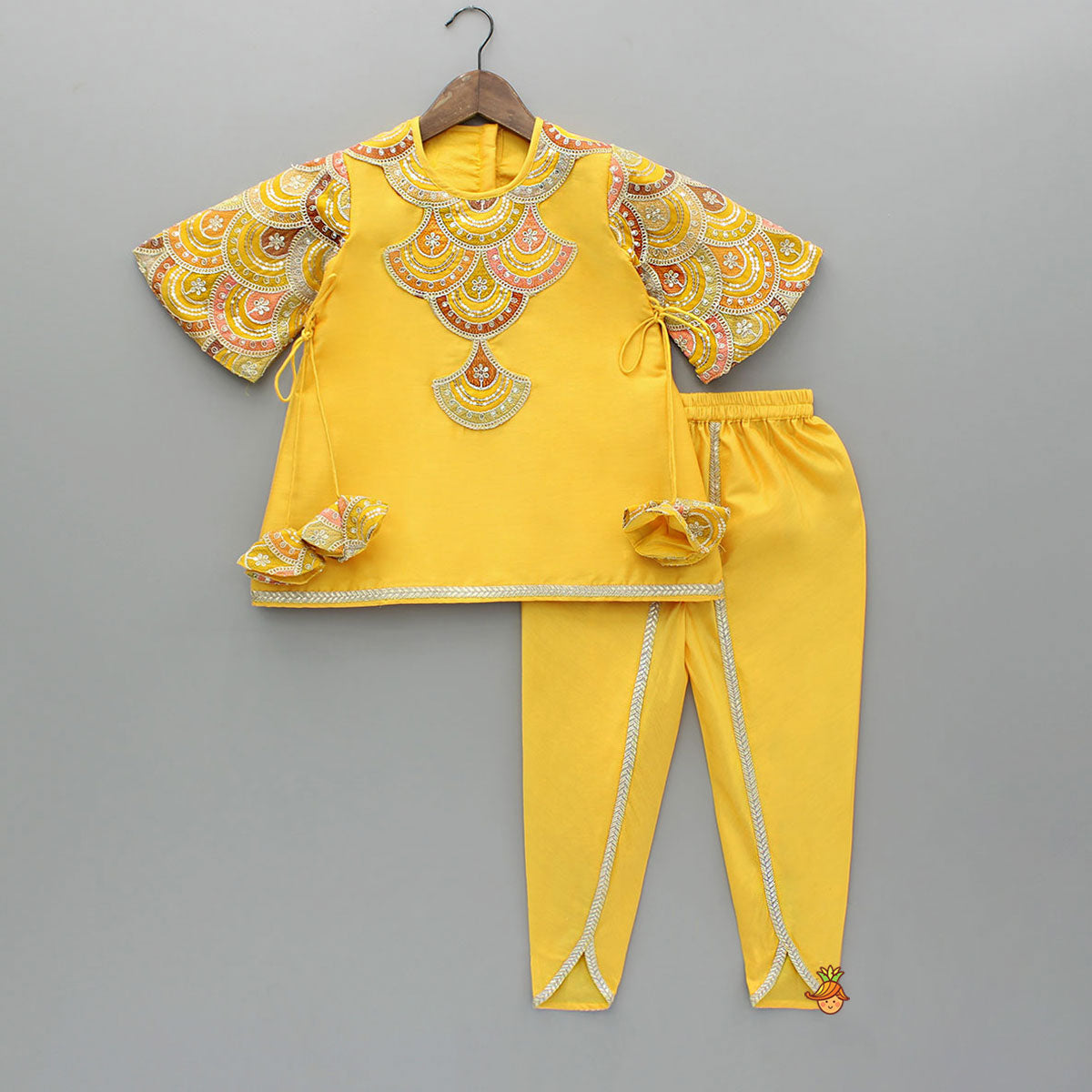 Embroidered Mustard Kurti And Tulip Dhoti With Net Dupatta