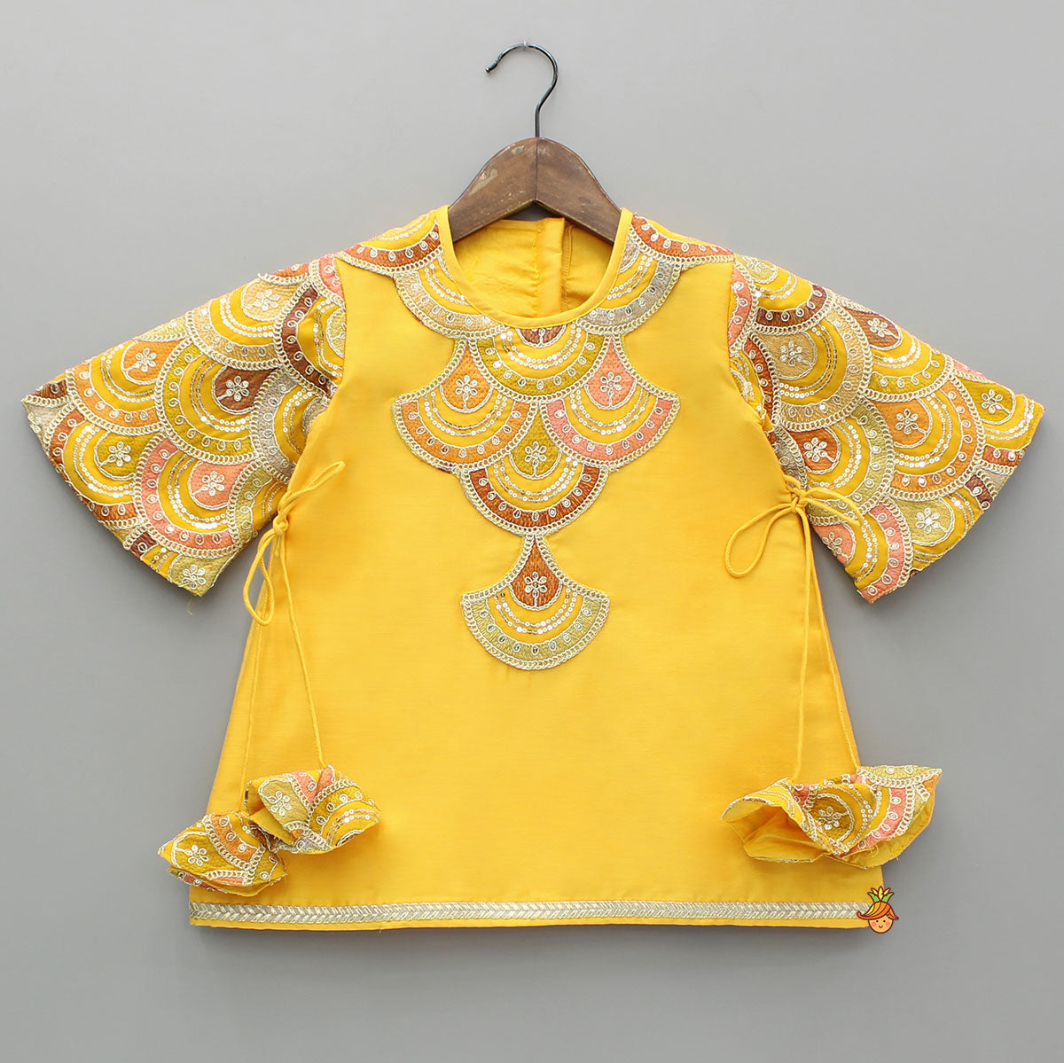Embroidered Mustard Kurti And Tulip Dhoti With Net Dupatta