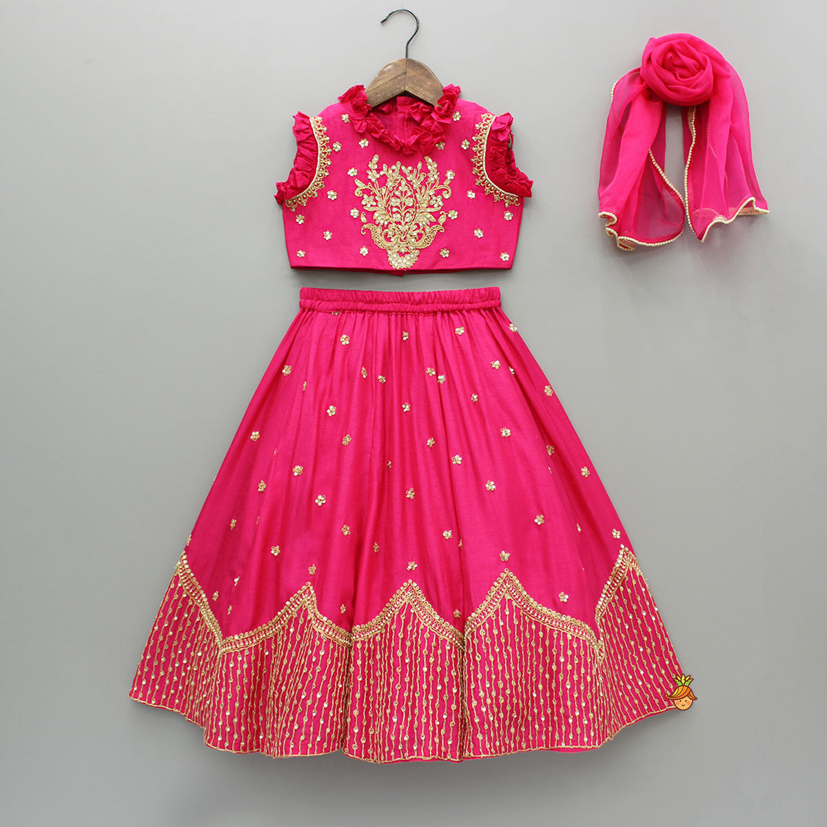 Sequin Embroidered Pink Top And Lehenga With Matching Net Dupatta