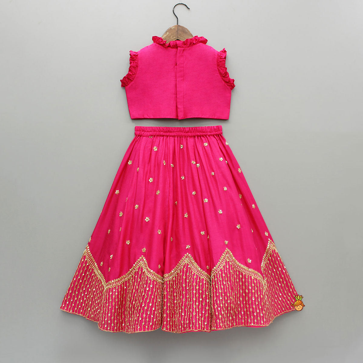 Sequin Embroidered Pink Top And Lehenga With Matching Net Dupatta