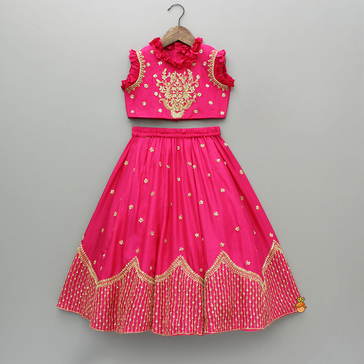 Sequin Embroidered Pink Top And Lehenga With Matching Net Dupatta
