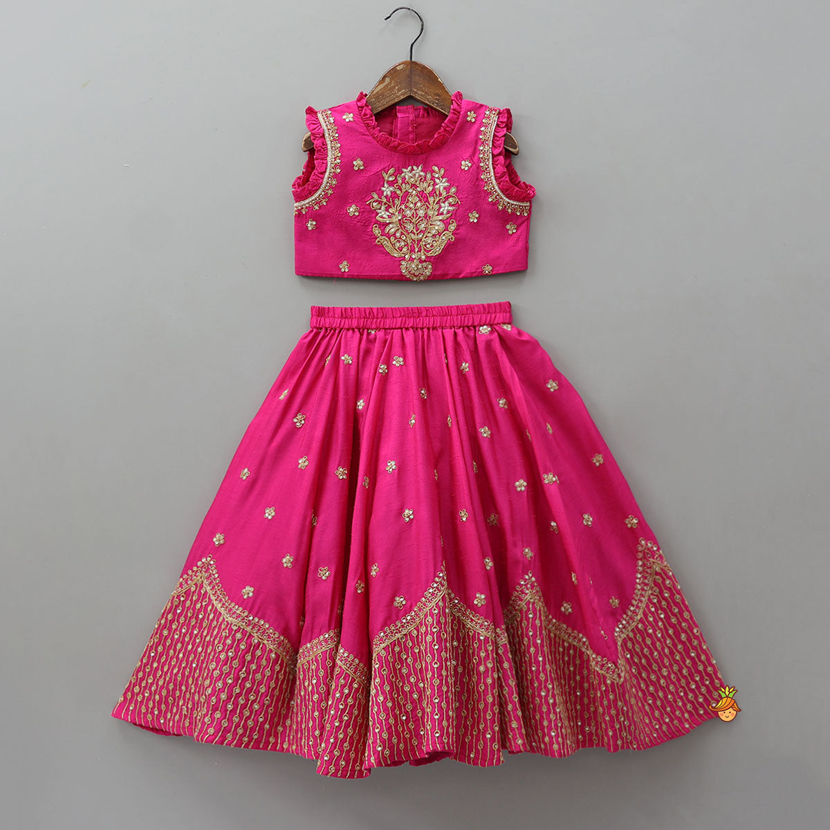 Sequin Embroidered Pink Top And Lehenga With Matching Net Dupatta