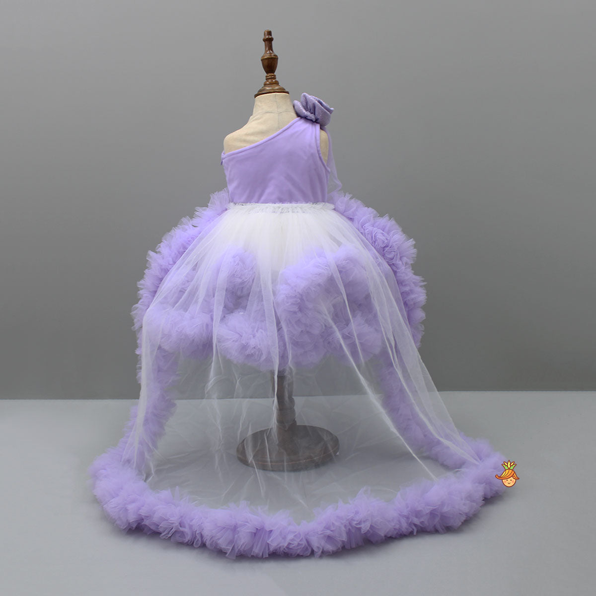 Swirl Flower Adorned One Shoulder Lavender Dress With Detachable Trail