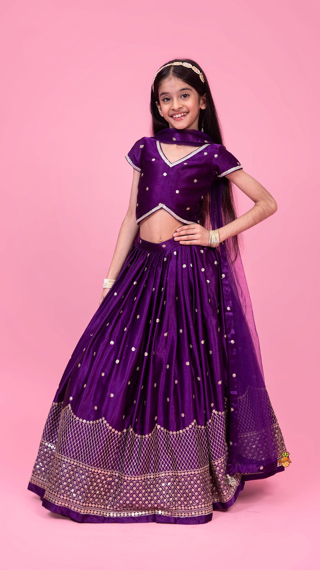 Sequin Embroidered Purple Top And Lehenga With Matching Net Dupatta