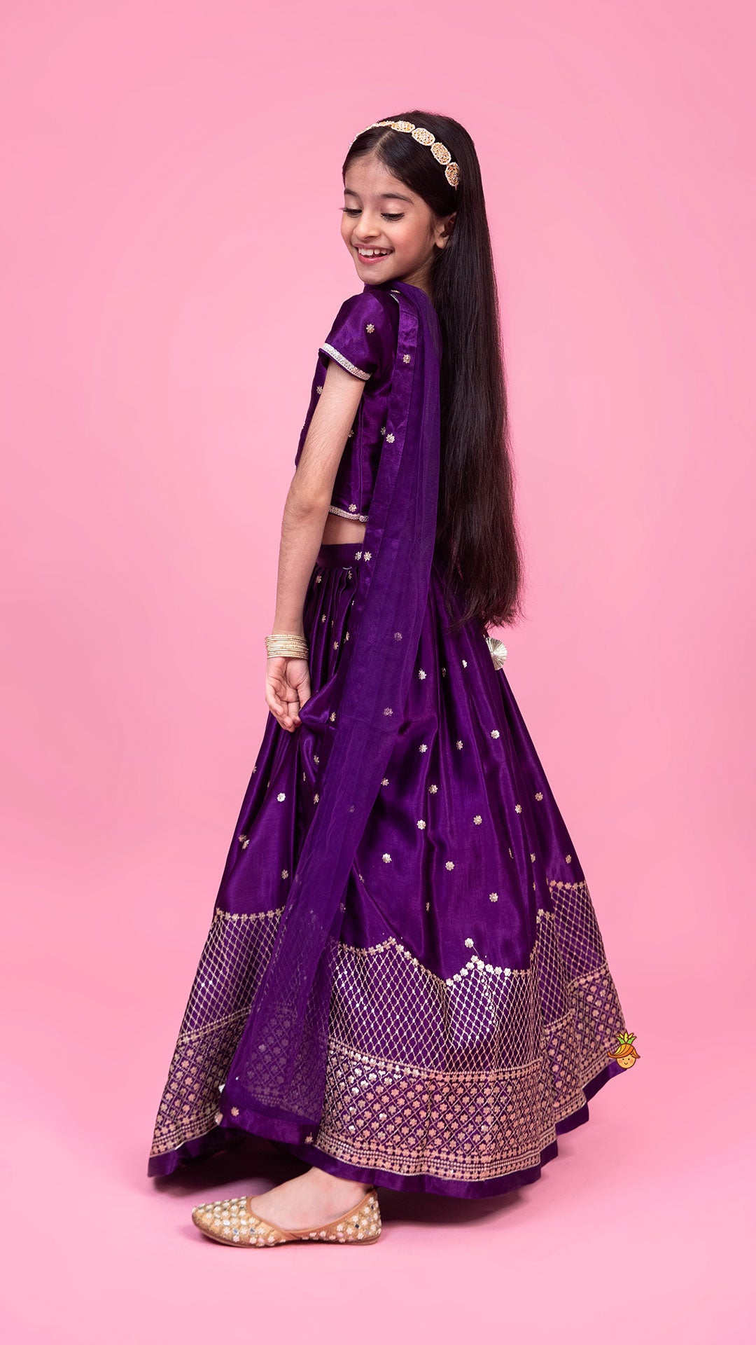 Sequin Embroidered Purple Top And Lehenga With Matching Net Dupatta