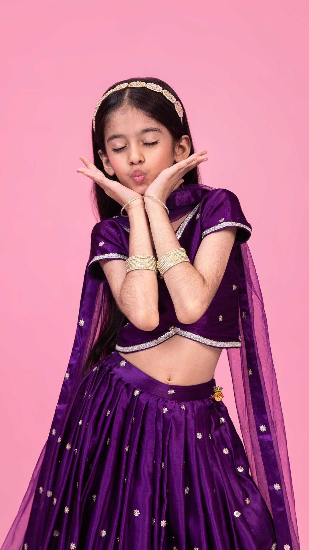 Sequin Embroidered Purple Top And Lehenga With Matching Net Dupatta