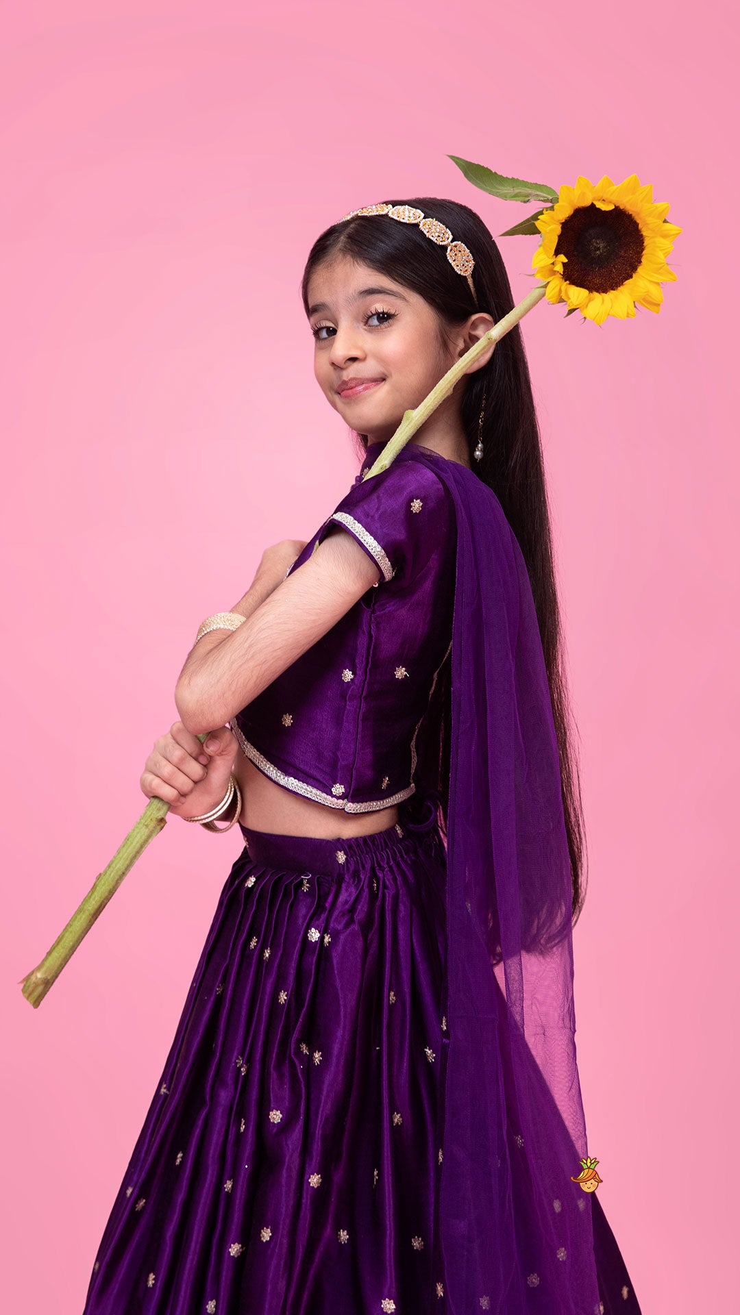 Sequin Embroidered Purple Top And Lehenga With Matching Net Dupatta