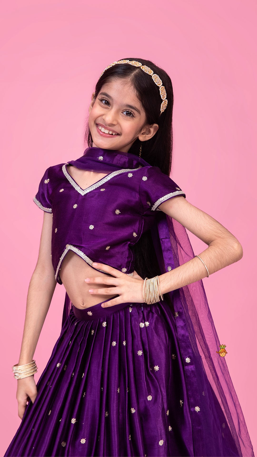 Sequin Embroidered Purple Top And Lehenga With Matching Net Dupatta