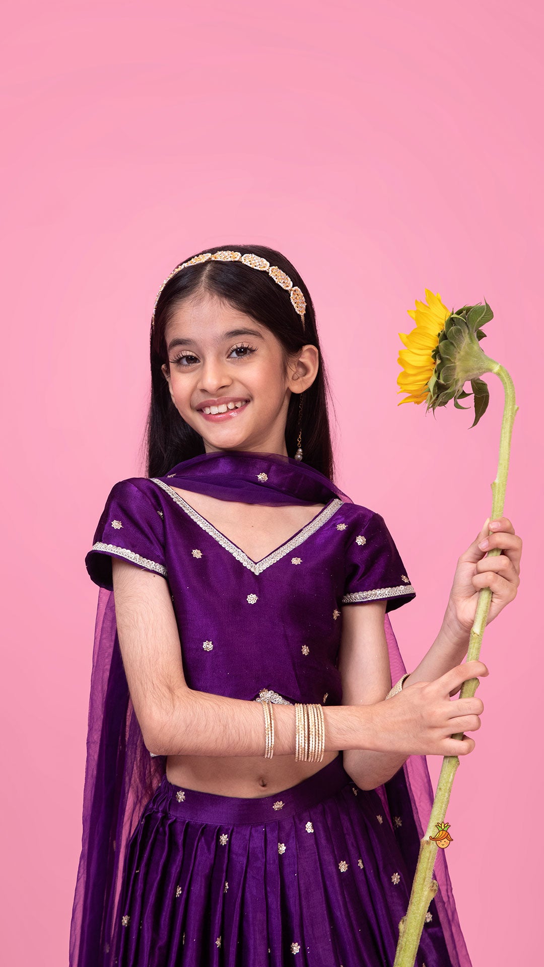 Sequin Embroidered Purple Top And Lehenga With Matching Net Dupatta