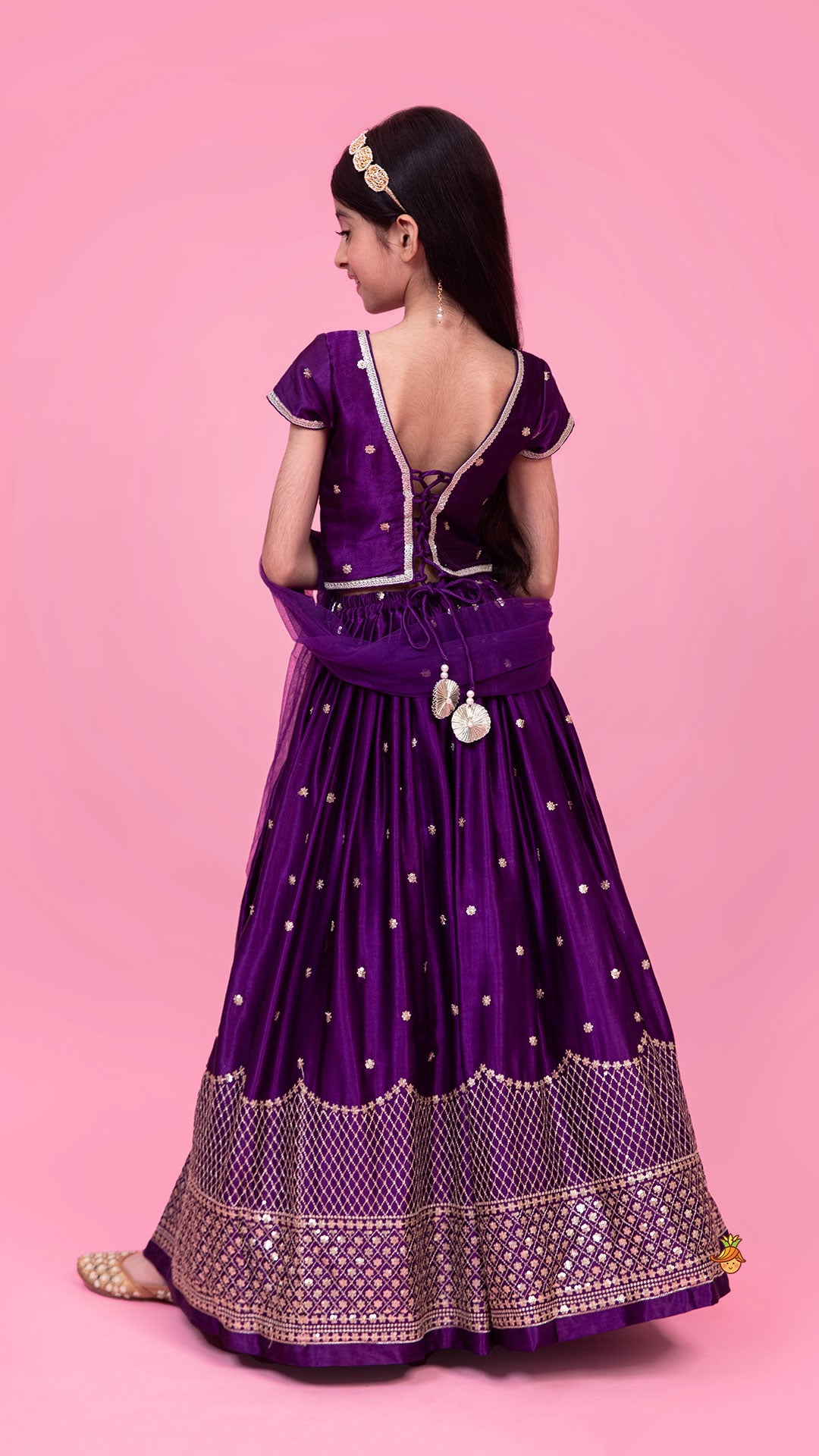 Sequin Embroidered Purple Top And Lehenga With Matching Net Dupatta
