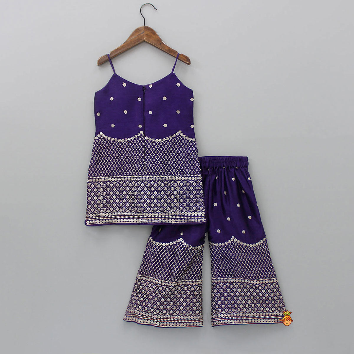 Sequins And Thread Embroidered Purple Strappy Kurti With Palazzo And Net Dupatta