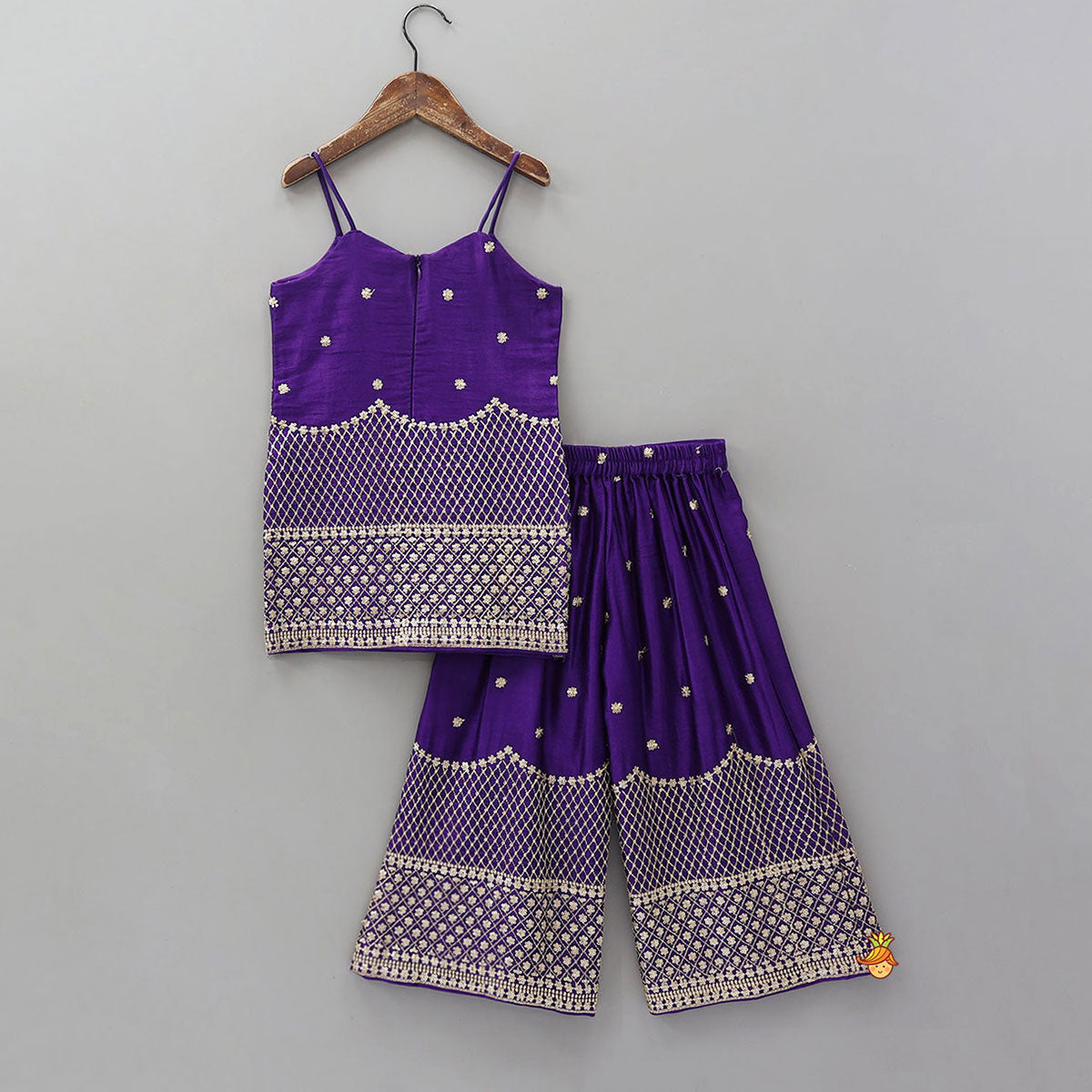 Sequins And Thread Embroidered Purple Strappy Kurti With Palazzo And Net Dupatta