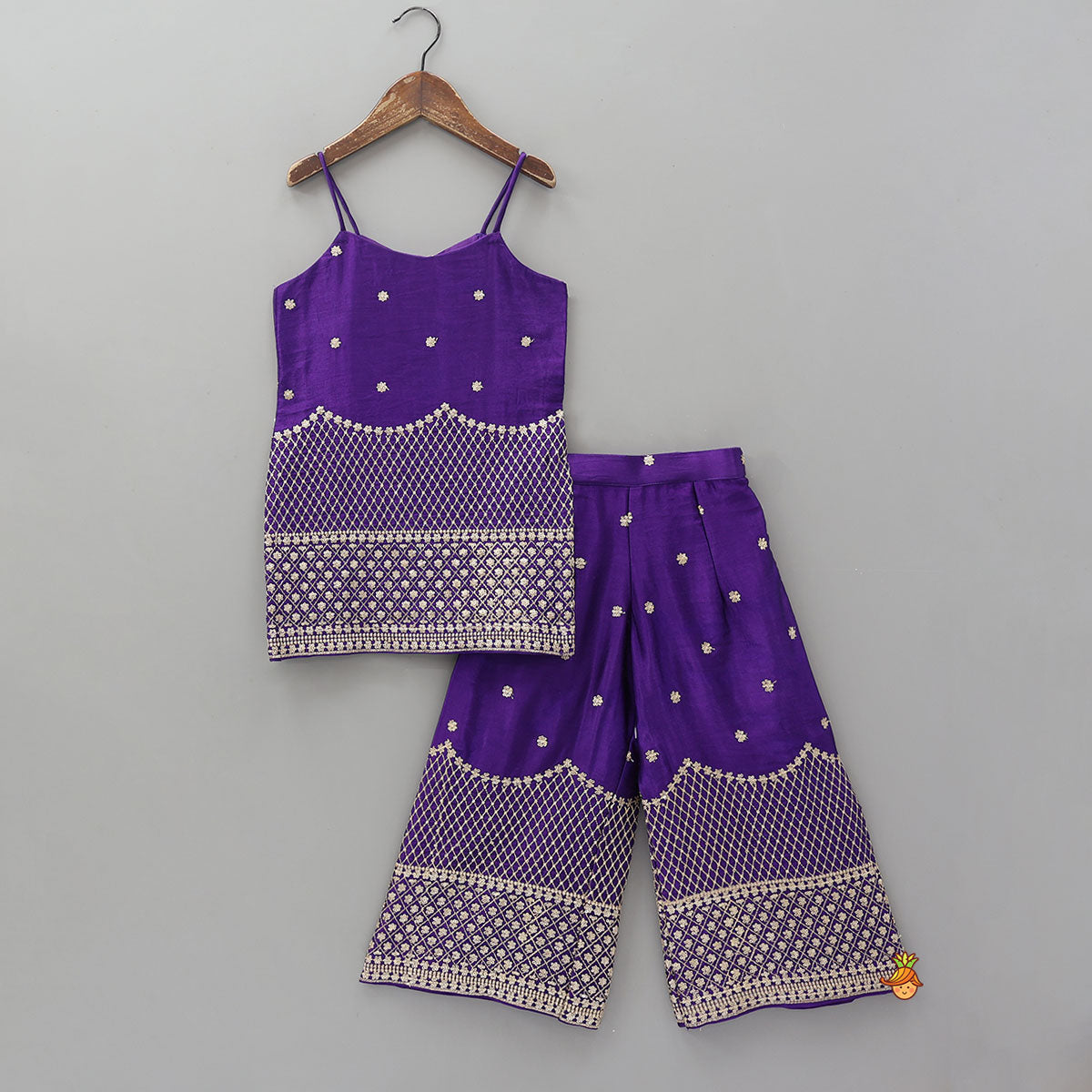 Sequins And Thread Embroidered Purple Strappy Kurti With Palazzo And Net Dupatta