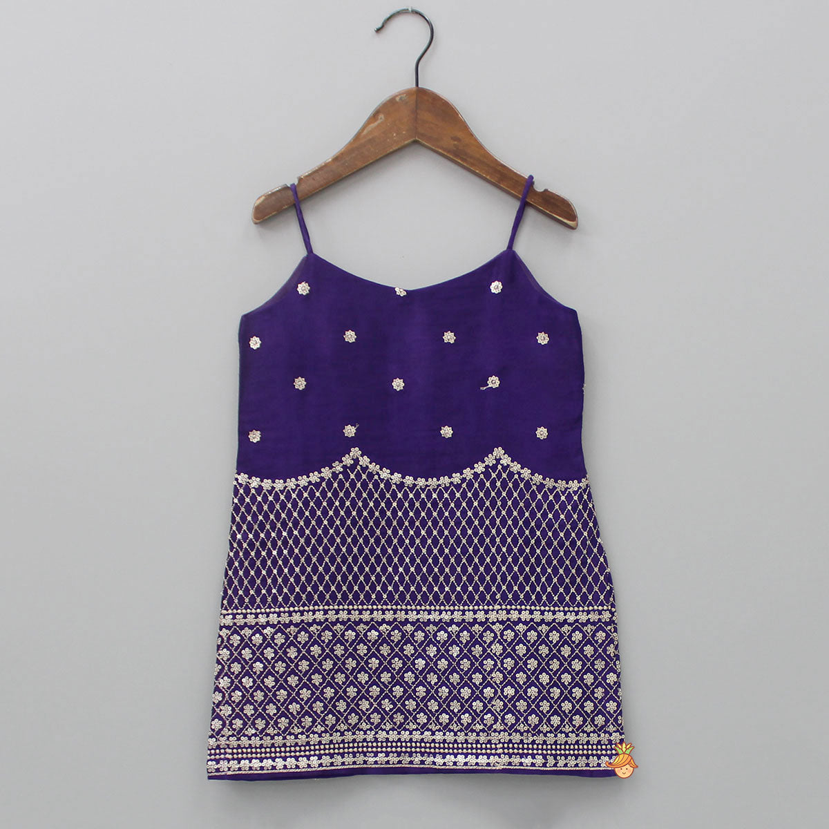 Sequins And Thread Embroidered Purple Strappy Kurti With Palazzo And Net Dupatta