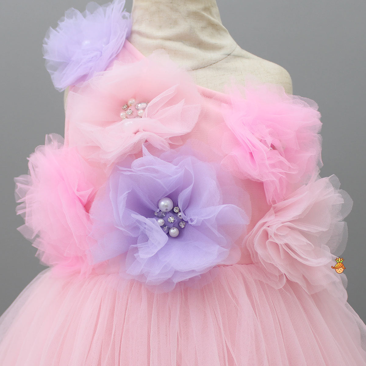 Net Flowers Embellished One Shoulder Gown